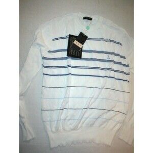New NWT Mens L Viscose Cotton Sweater White Blue Italy Bramante Stripes Designer